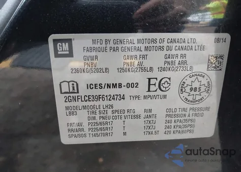 2015 Chevrolet Equinox 2Lt из США, поврежденный, VIN 2GNFLCE39F6124734